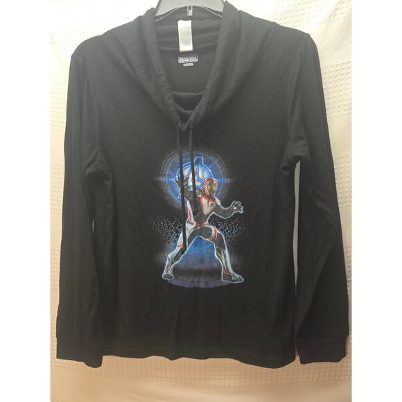 Marvel Sweater Womens Size Large Black Long Sleeve Cowl Neck Drawstring Iron Man - Picture 1 of 8
